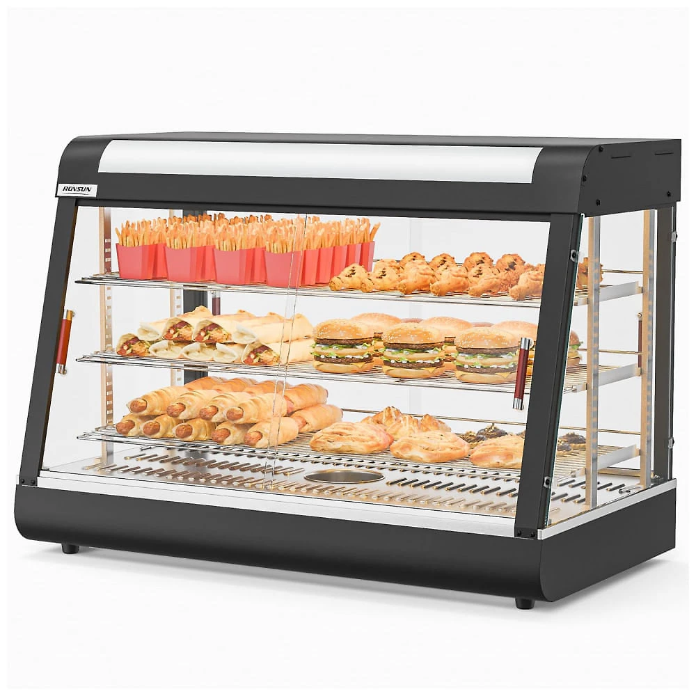 Expositor Aquecedor de Alimentos ROVSUN Preto 3 Níveis 89 cm com Prateleiras Ajustáveis Removíveis LED e Portas de Vidro, 110V.