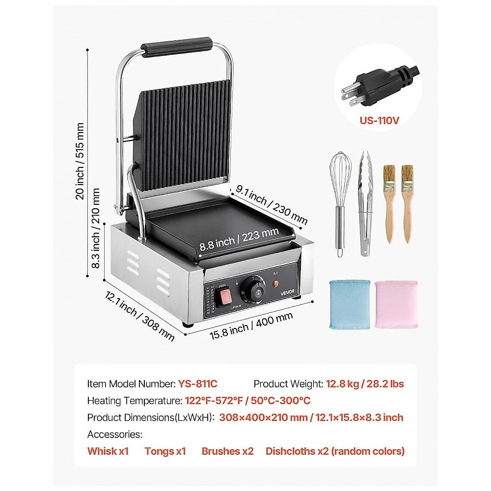 Grill de Panini Comercial VEVOR 1800W Inox Chapa Esmaltada Controle de Temperatura 110V