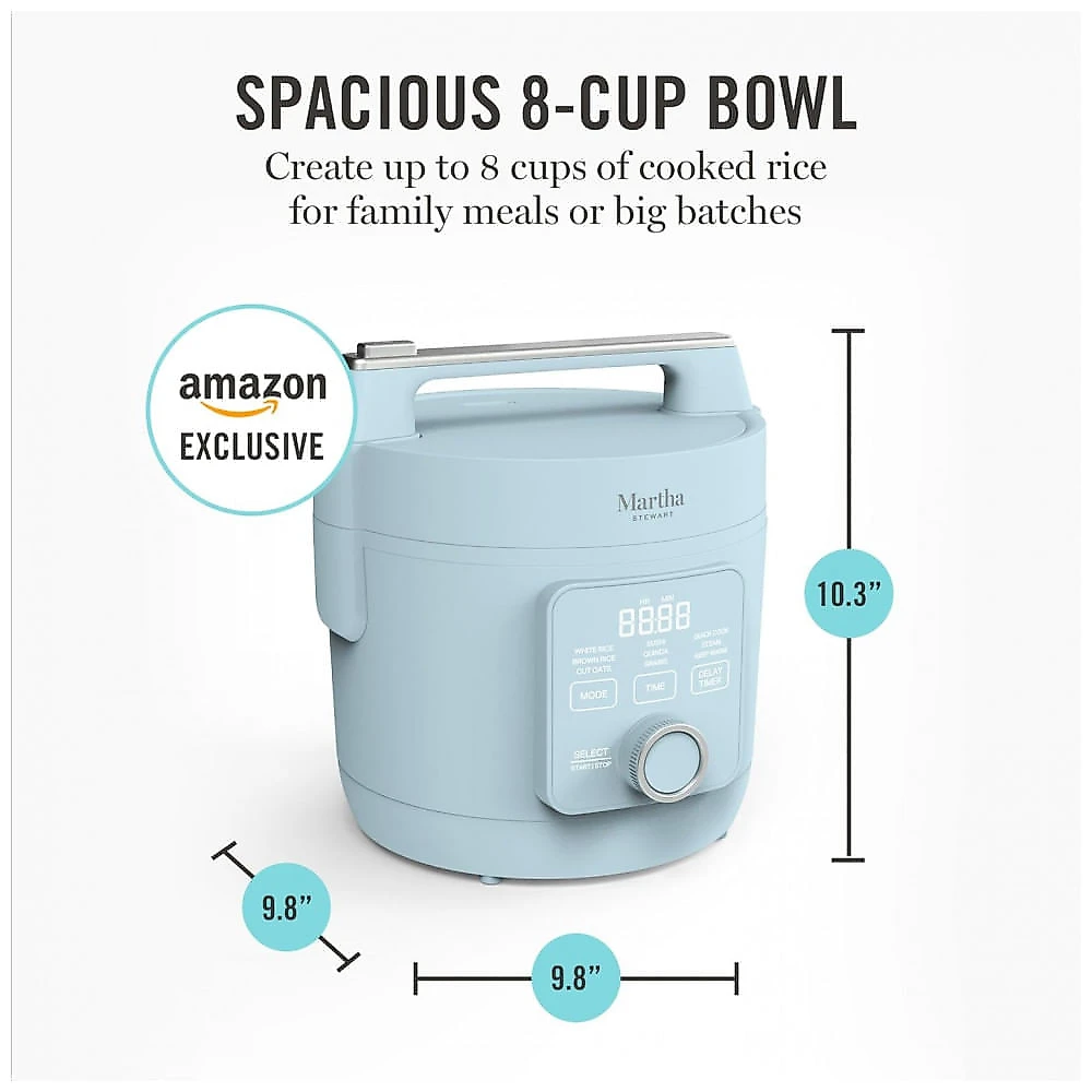 Panela Elétrica de Arroz Martha Stewart Sky Blue 4 Xícaras 8 Xícaras Cozidas Cerâmica Antiadesiva 9 Modos