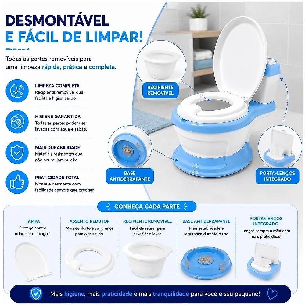 Troninho Privadinha Infantil com Assento Redutor Removível e Compartimento para Lenços Azul
