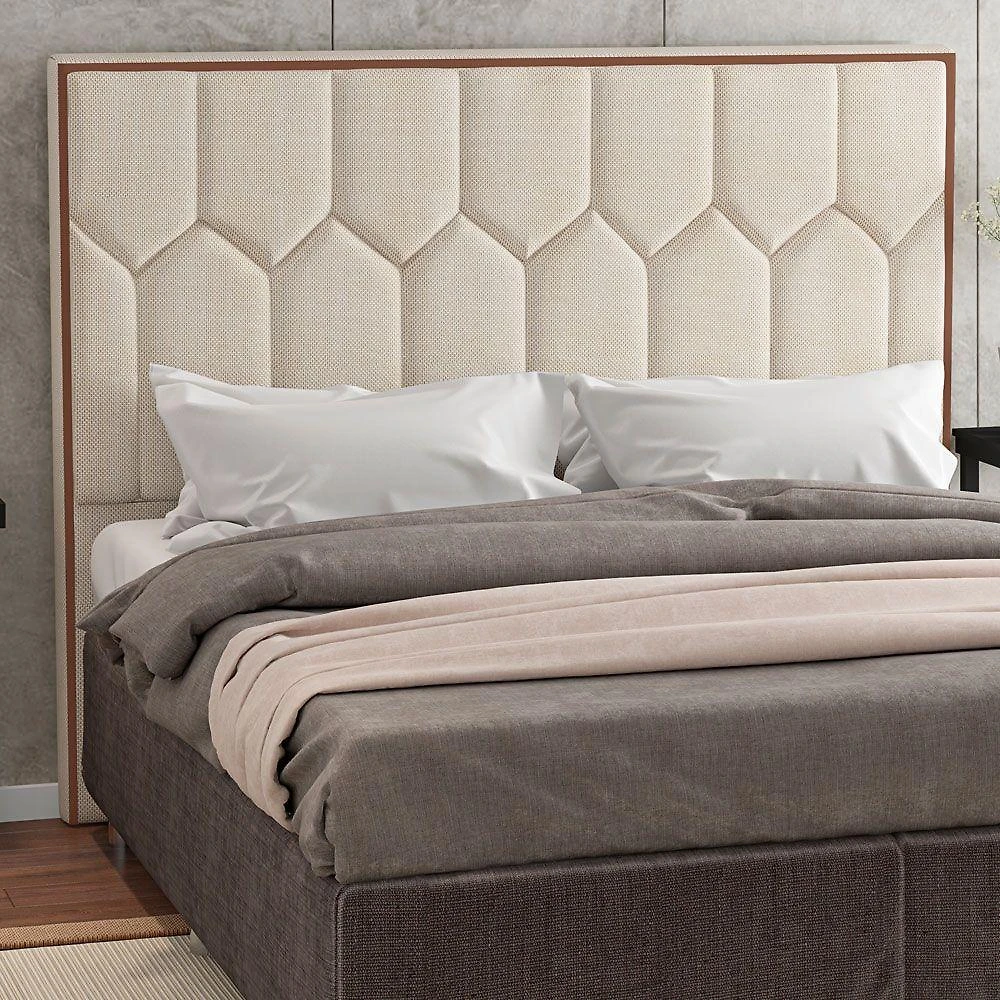 Cabeceira Stan Casal Fixação no Box MDF Revestida em Linho Bege e Off White Linho & Cia