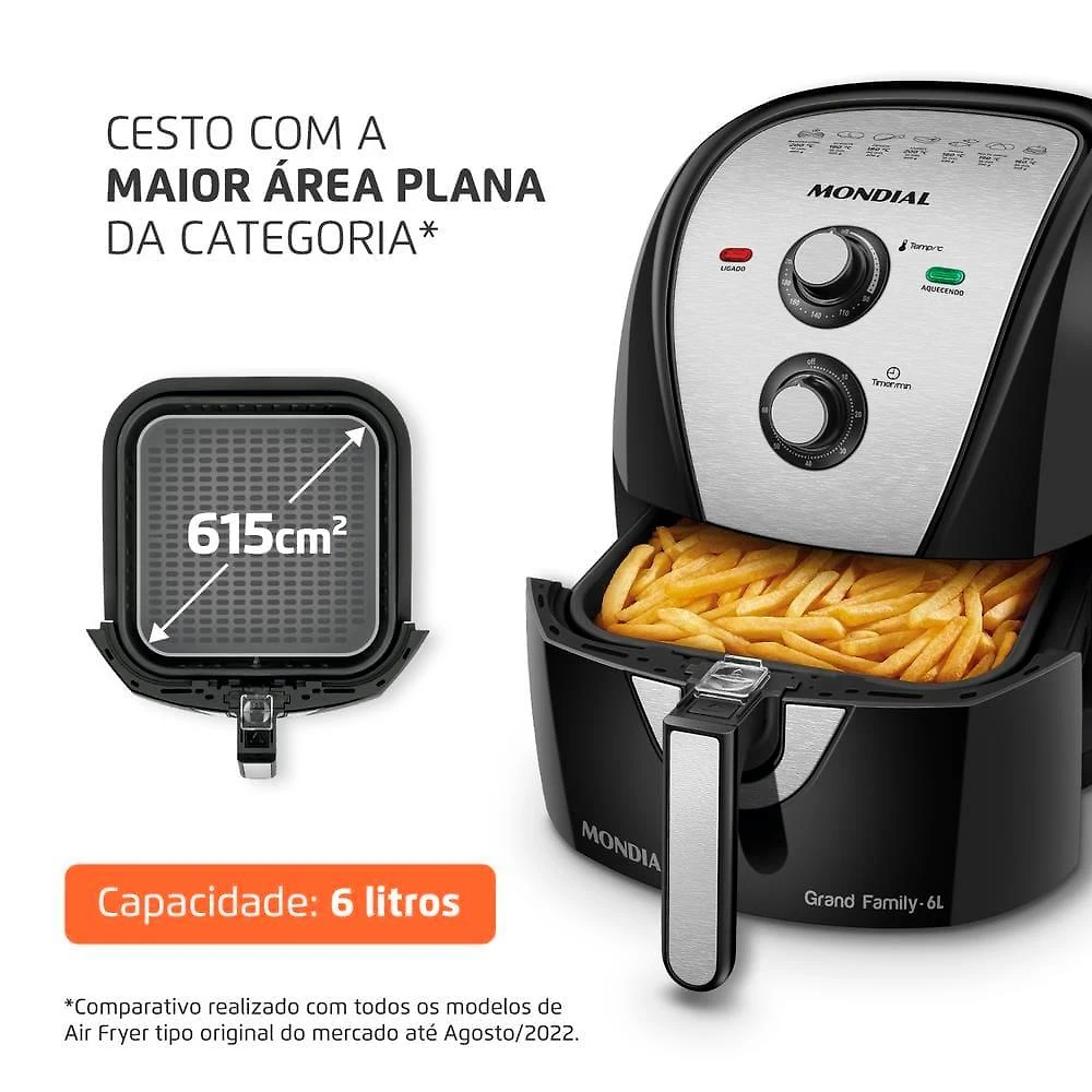 Fritadeira elétrica sem Óleo air fryer mondial afn-60 6l preta/inox