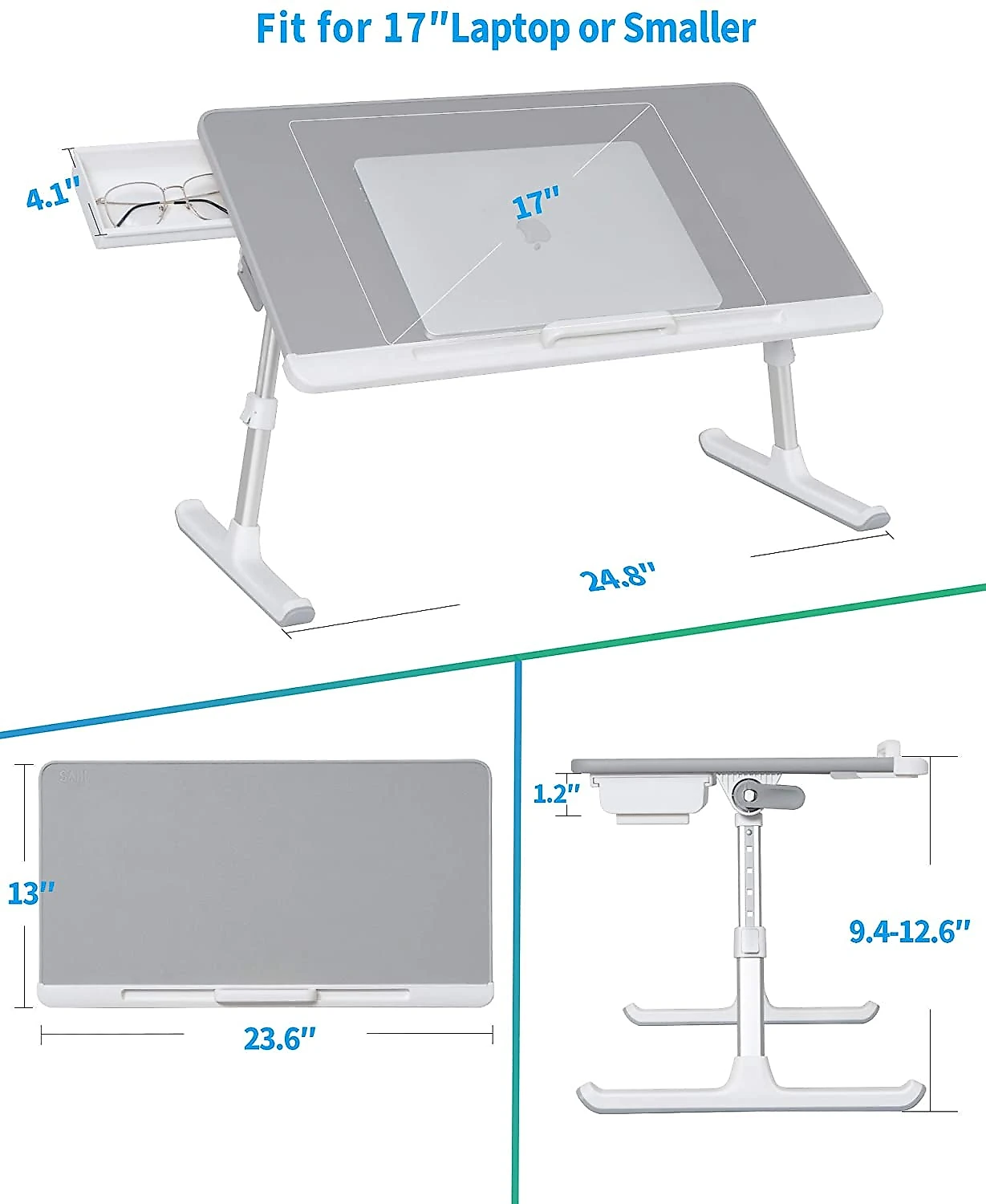 Mesacama para laptop ajustável SAIJI portátil de pé com gaveta de armazenamento dobrável para tablet cinza