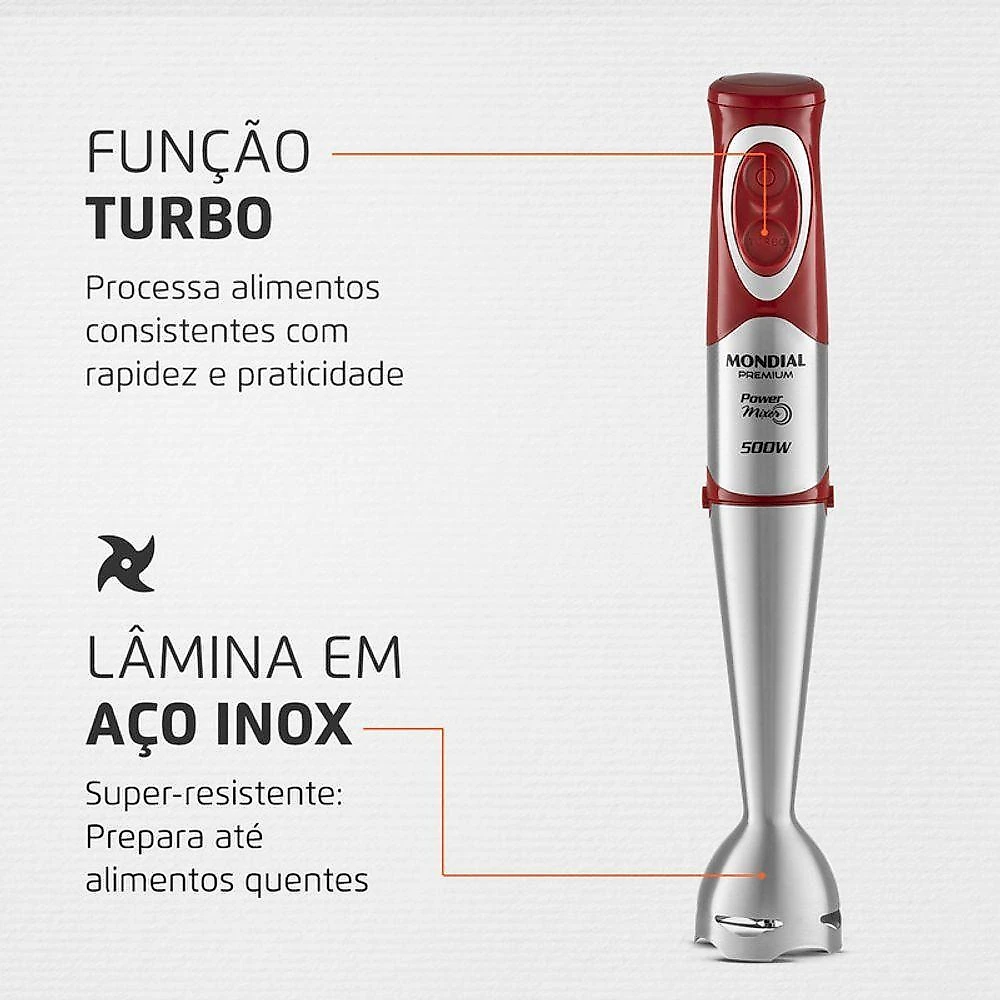 Mixer com Processador Power Premium M-10 500W 2 Velocidades Vermelho, Inox 220V