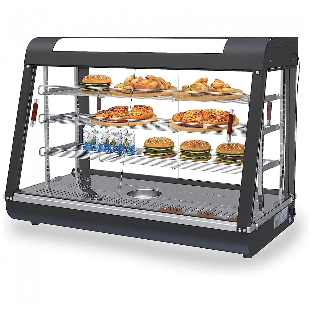 Aquecedor de Alimentos 3 Andares Whalefall Preto Aquecimento 3D Portas de Vidro Deslizantes Estrutura Aço Inoxidável 89 cm para Buffet Restaurantes