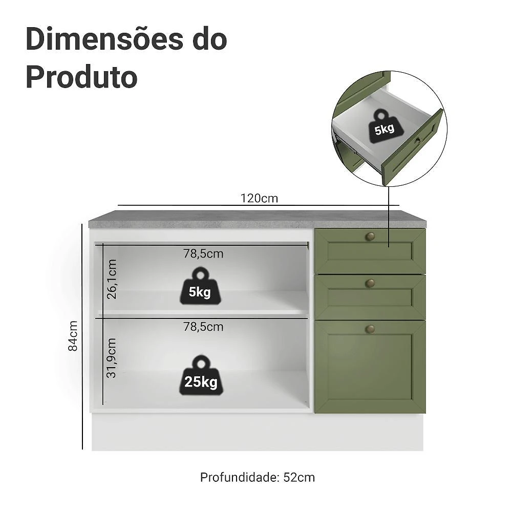 Balcão de cozinha 120 cm 2 portas 3 gavetas branco/verde vik madesa