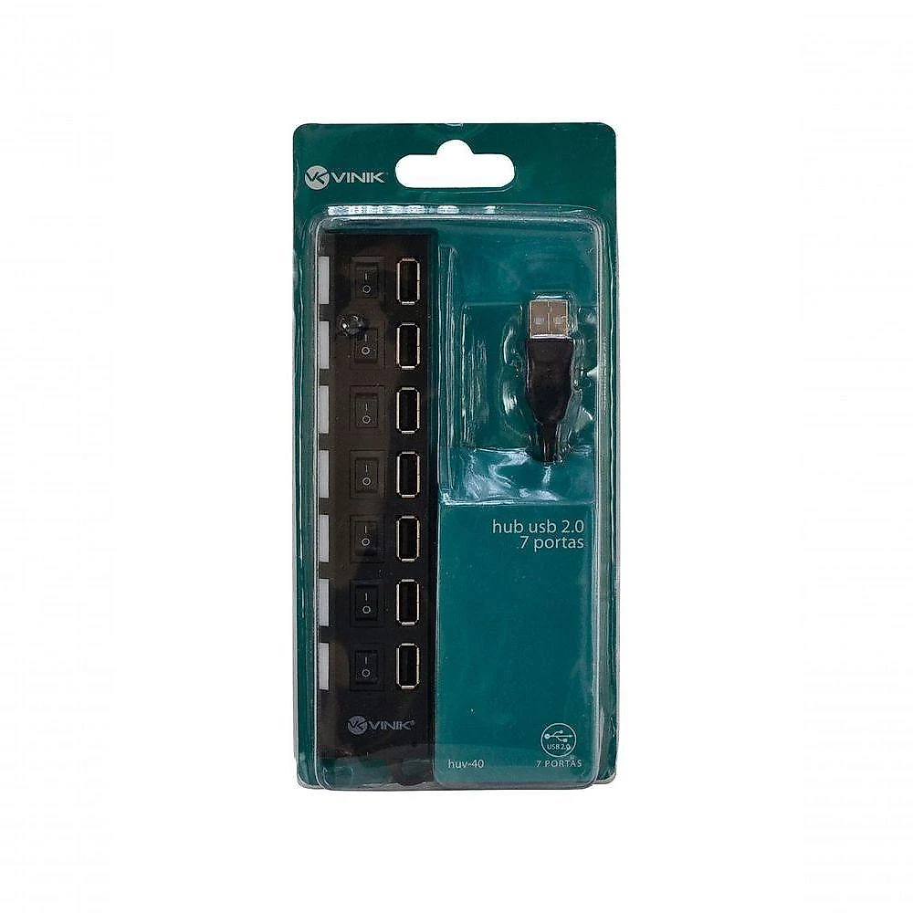 Hub USB 2.0 HUV-40 7 Portas com Interruptores Individuais e LED Indicador Preto Vinik