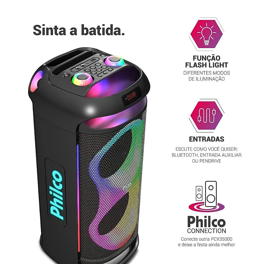 Caixa de som amplificada philco pcx6702 com bluetooth, ex bass, iluminação led e até 12h de bateria - 800w