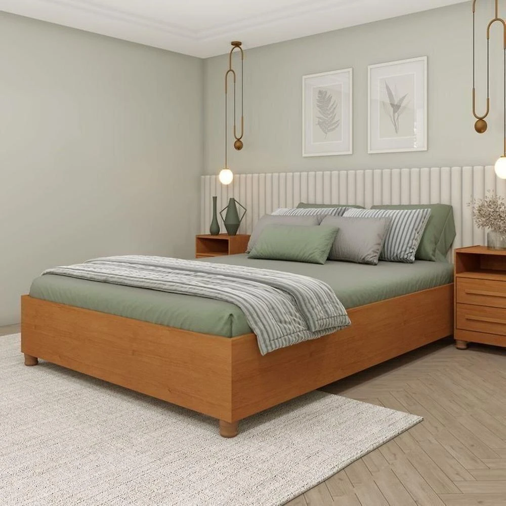 Conjunto Cama Monaco Casal + 2 Mesa de Cabeceira 1 Gaveta Orgânica Luna com Carregador Usb 100% Mdf Cinamomo/Cinamomo