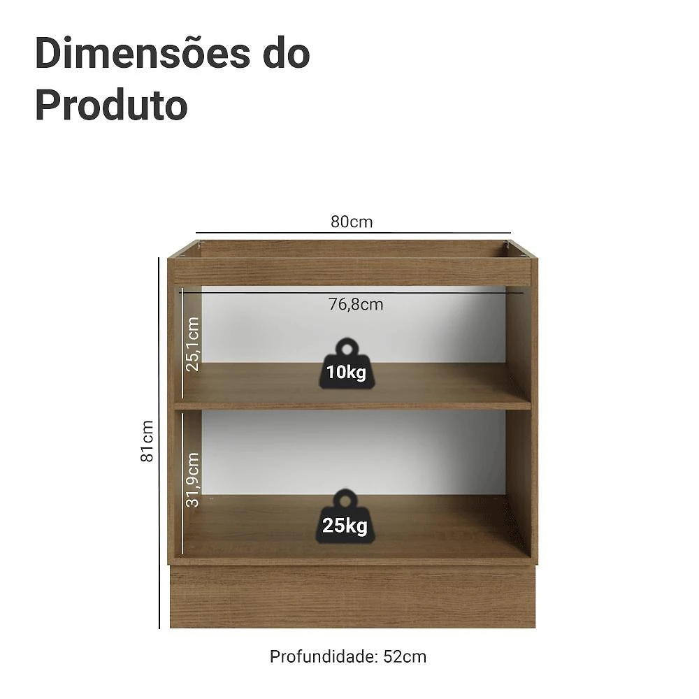 Balcão de cozinha 80 cm 2 portas (sem tampo) lux madesa