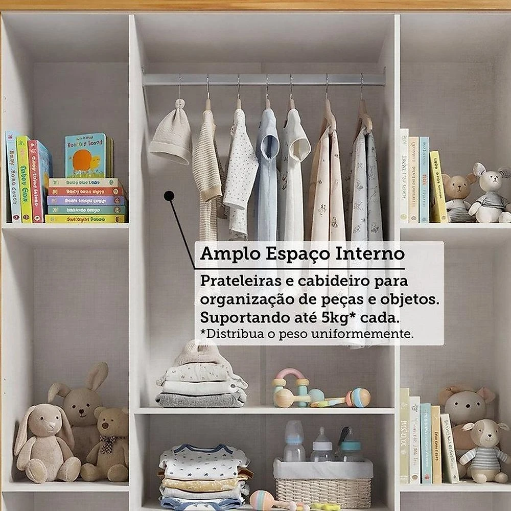 Quarto de Bebê Completo Berço 3 em 1, Cômoda e Guarda Roupa MDF Nina Espresso Móveis Branco/Amê Off White/Amêndoa