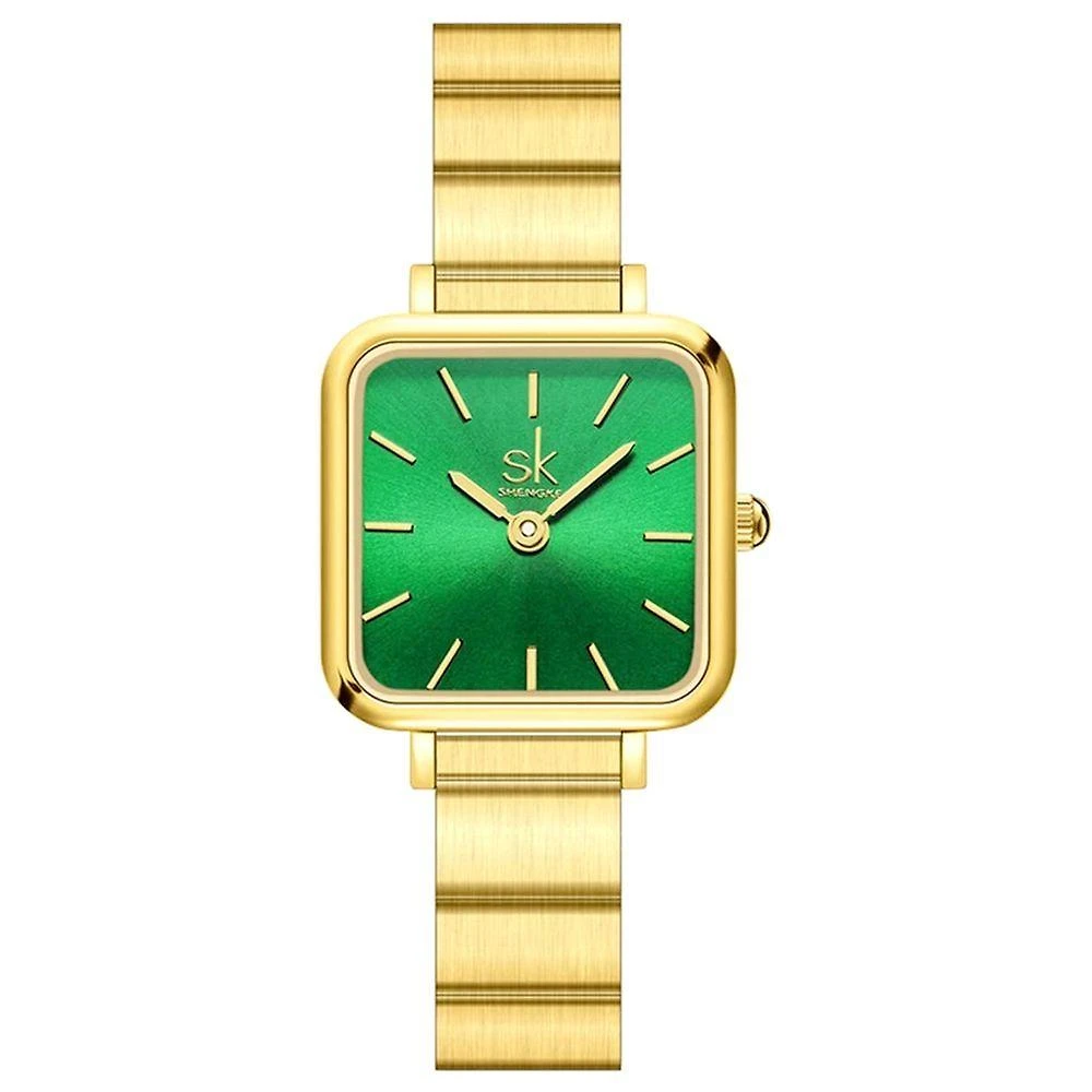 Relógio Feminino Design Quadrado Analógico em Aço Inox Dourado Shengke com Fivela