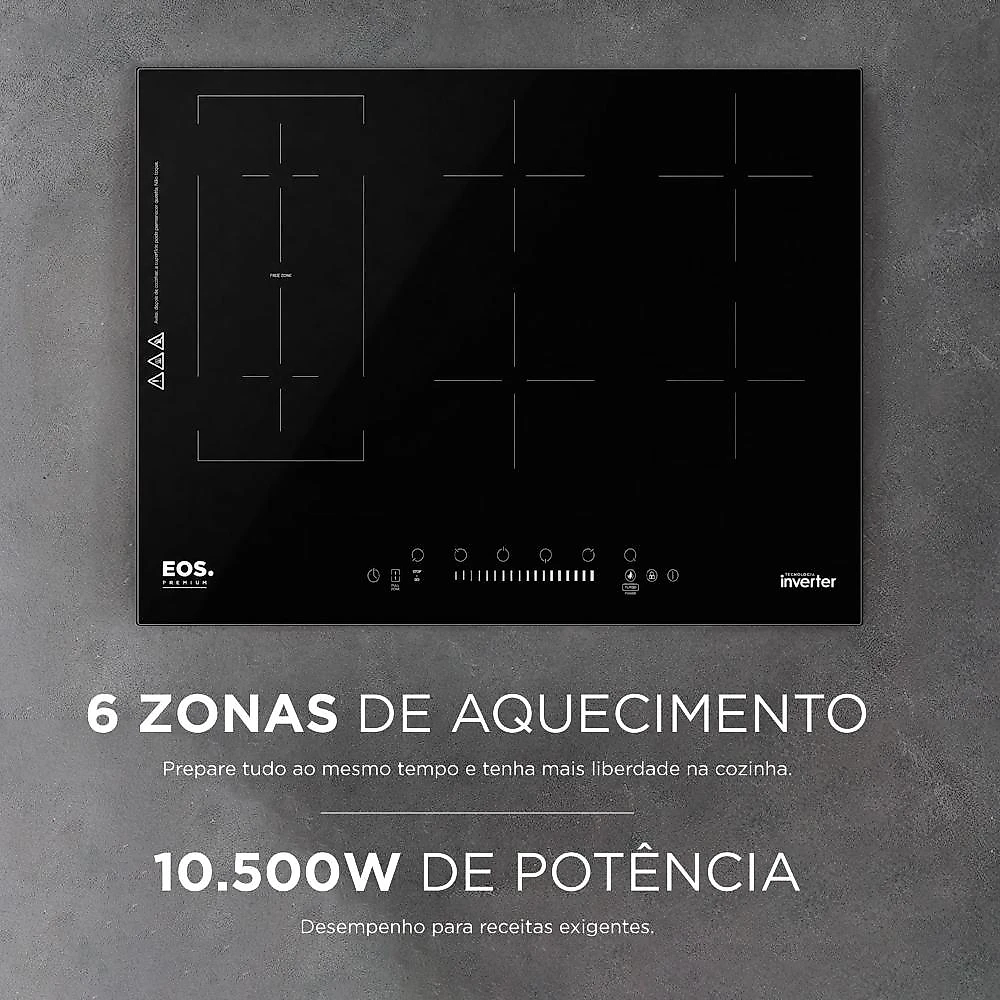 Cooktop de Indução 6 Bocas EOS 90cm Inverter Freezone Preto 10500W ECIP062EPIF 220V