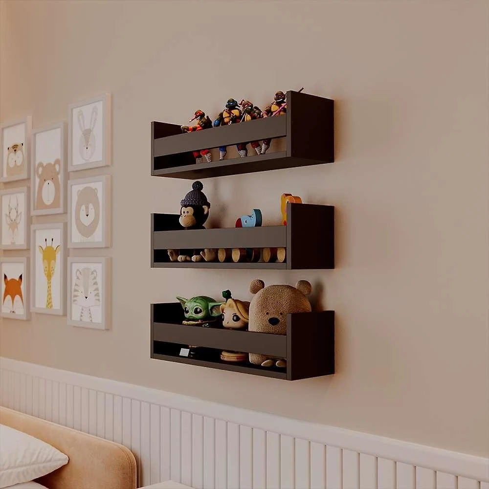 Prateleira Kit 3 Porta Brinquedos Retangular MDF Suporte Invisível Organizador Sala Preto