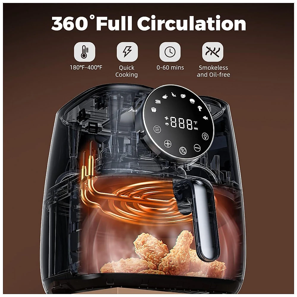 Fritadeira Elétrica AirFryer 5.2L em Aço Inoxidável com Painel Digital, 110V 1700W, Joyami, Preta