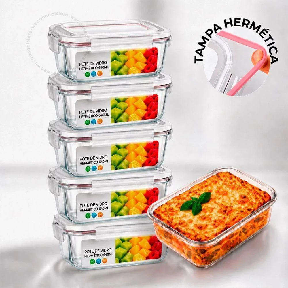 Kit 5 Potes de Vidro Hermético 640ML Retangular Tampa 4 Travas Transparente