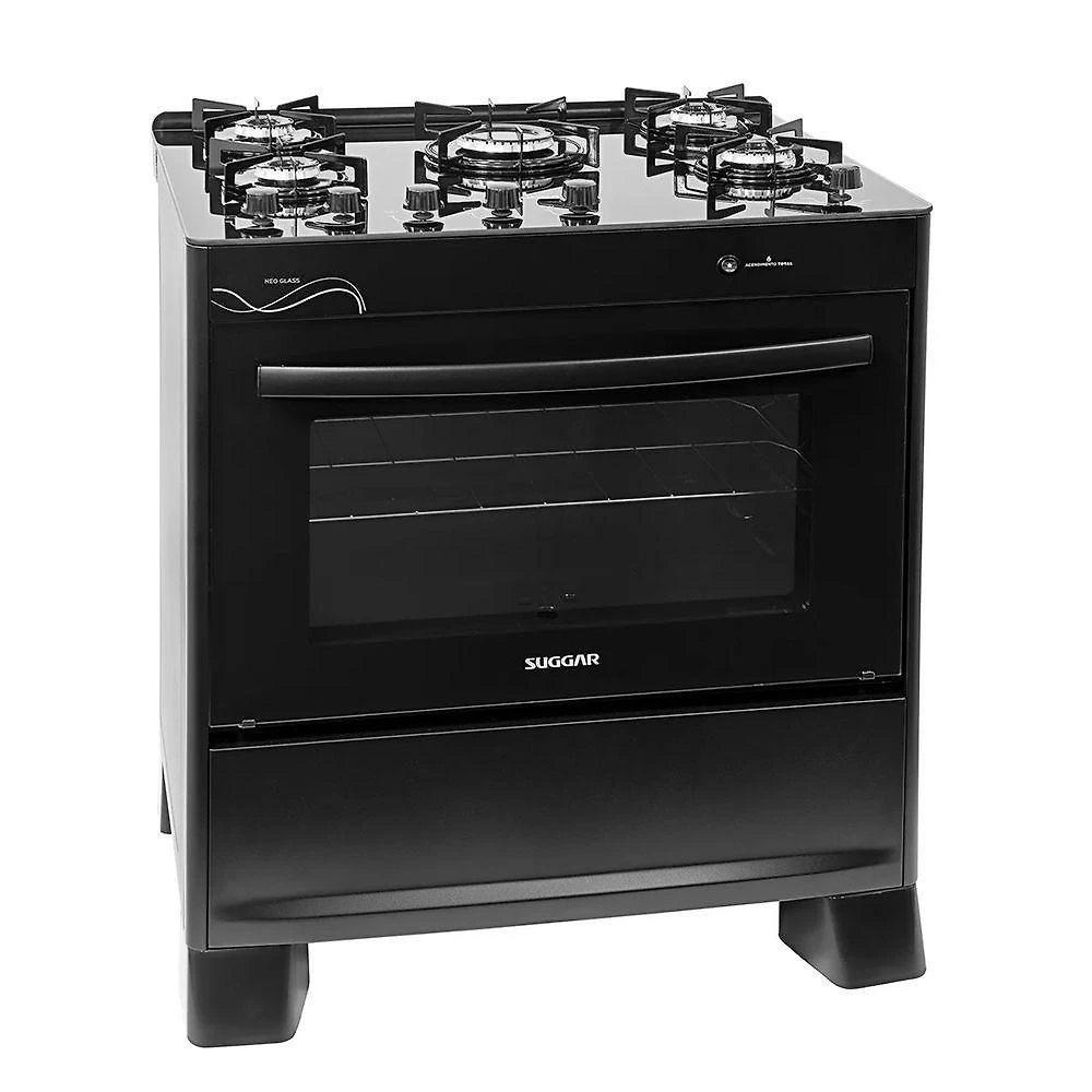 Fogão Suggar Neo Glass 5 Bocas FGVNG510PT Mesa De Vidro Preto Bivolt