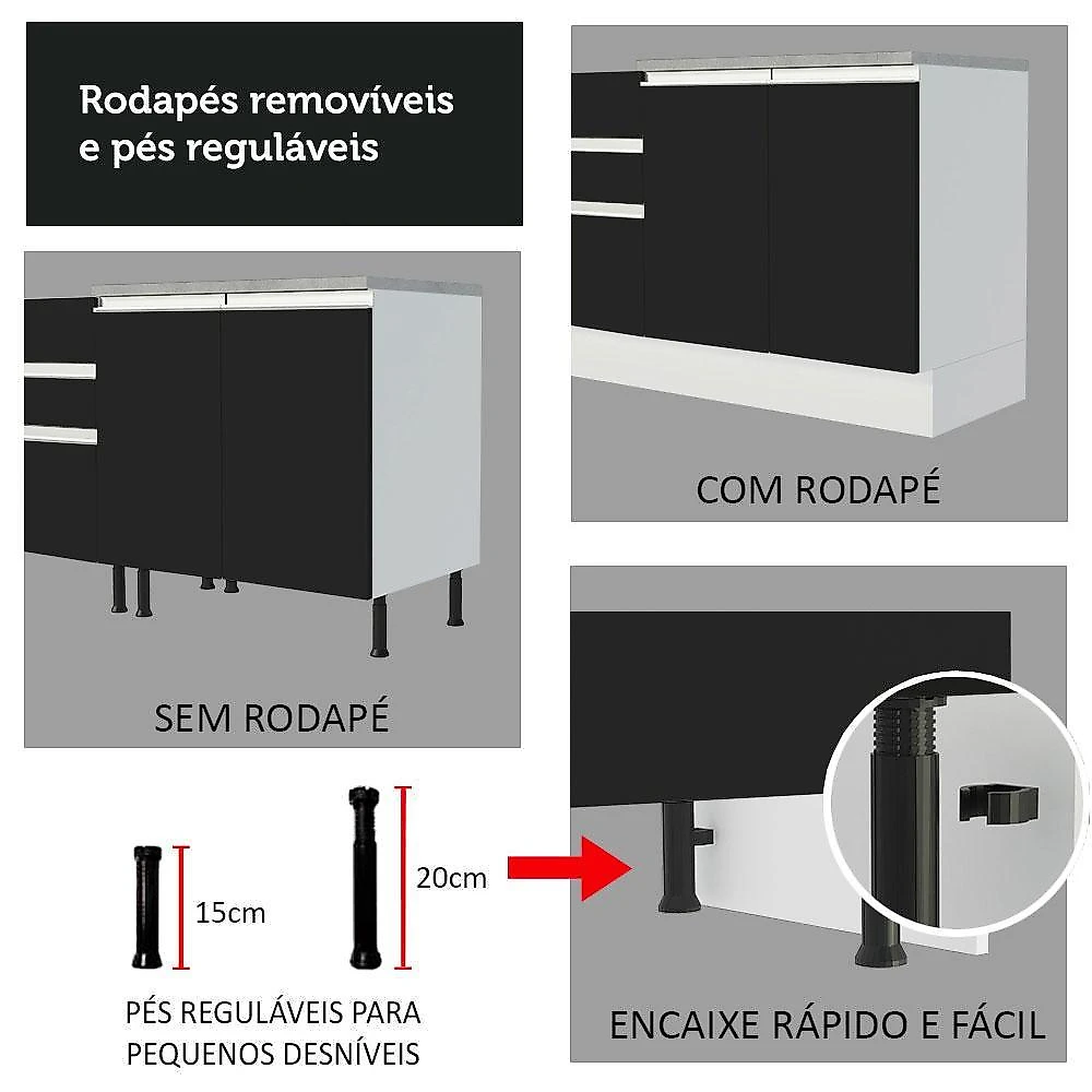 Cozinha completa de canto madesa glamy 349002 com armário e balcão (sem tampo e pia) - branco/preto