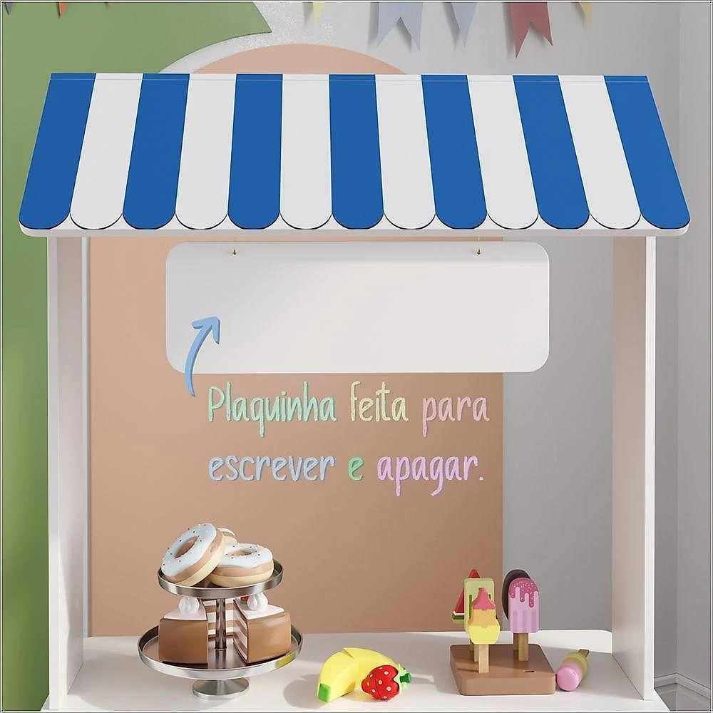 Lojinha Mercadinho Infantil Toldo com Rodízios Gaveta Nichos Plaquinha Branco Azul Vermelho