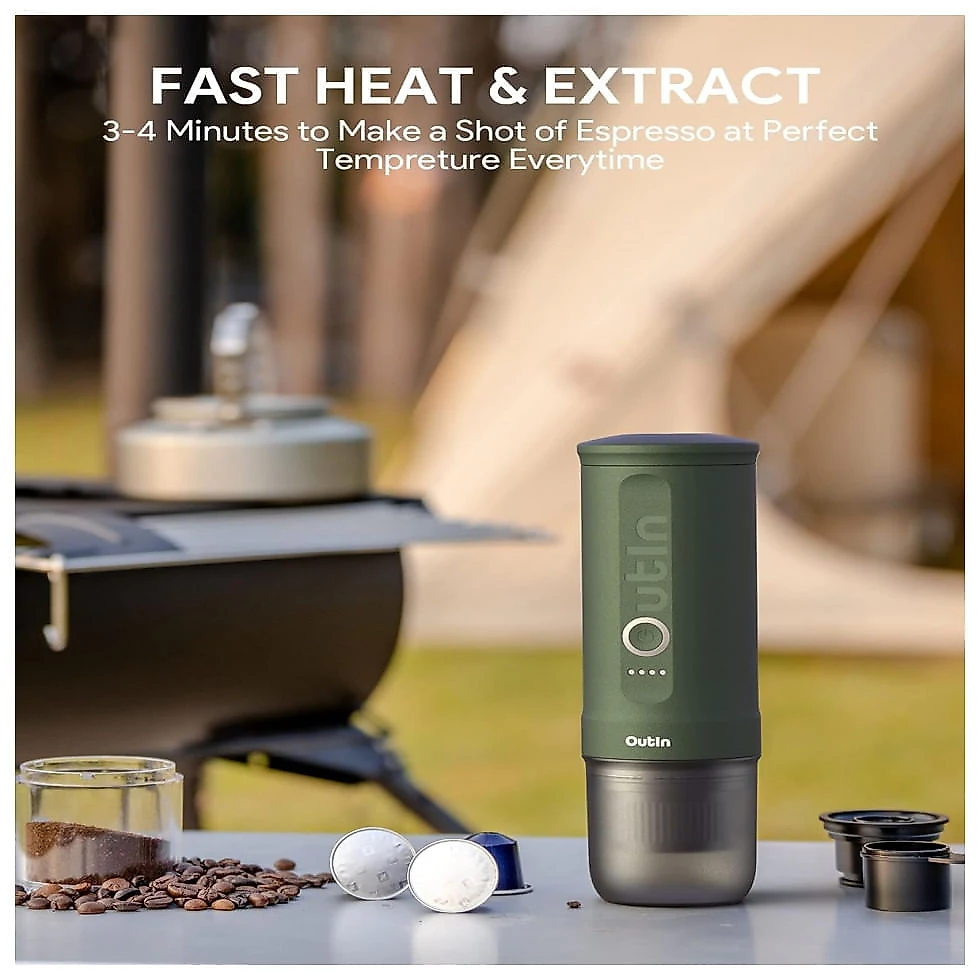 Mini Máquina de Café Expresso Portátil 80mL, 12V, Outin, Cinza