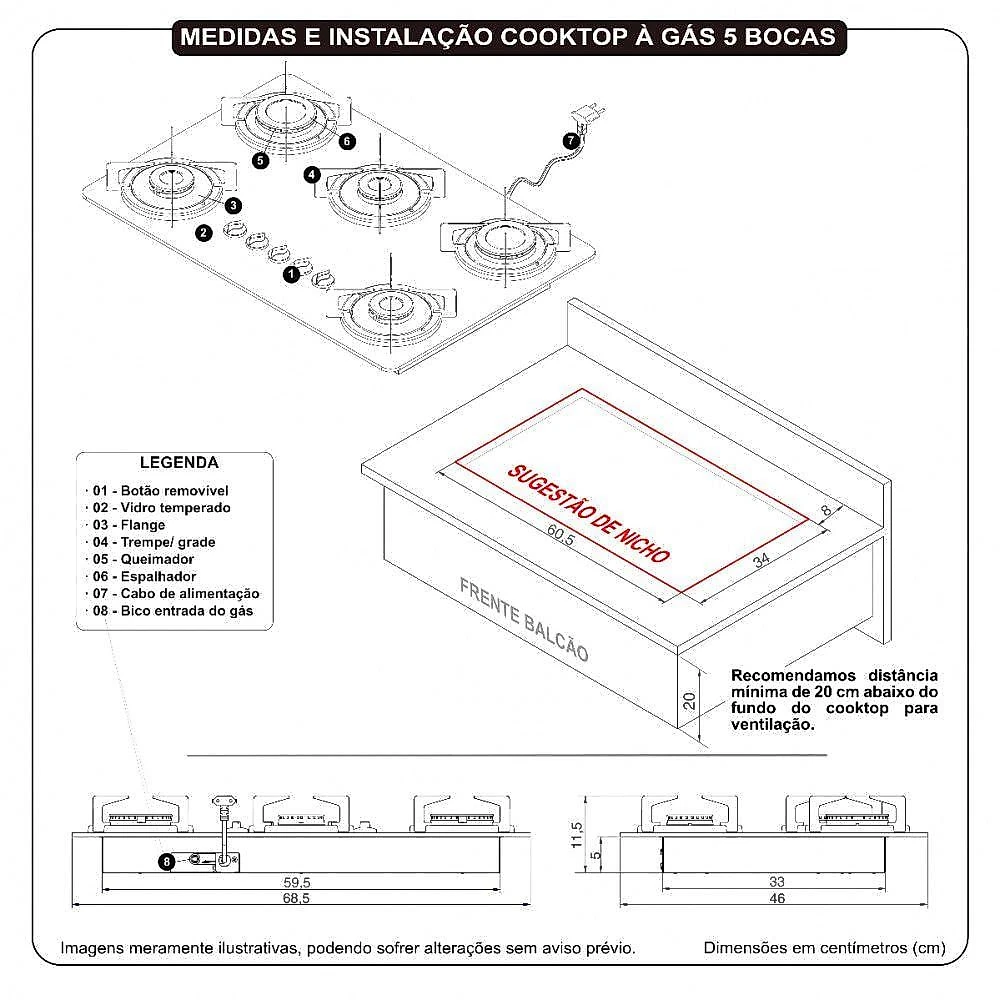 Cooktop Fogatti Safe Ferro Fundido 5 Bocas Tripla Chama Glp Preto Bivolt