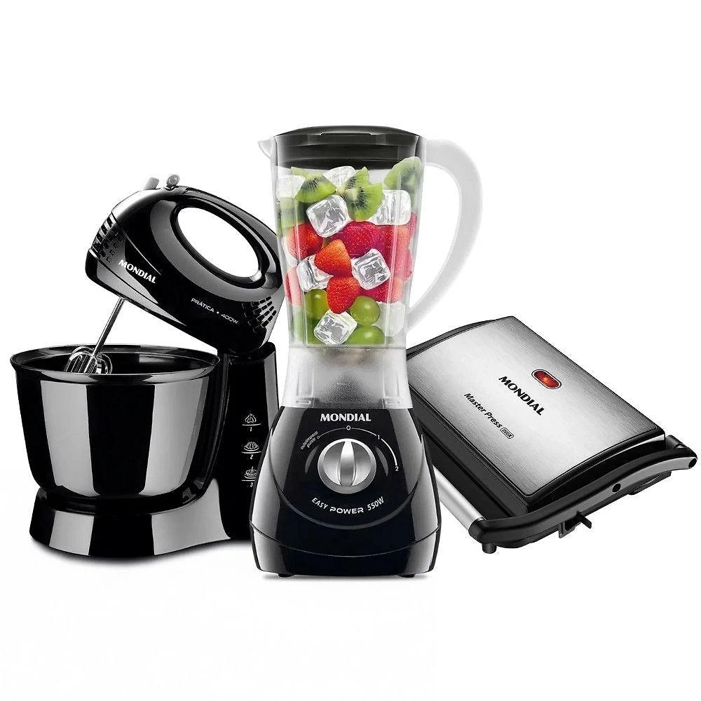 Kit Batedeira Liquidificador e Grill 110V Preto Mondial