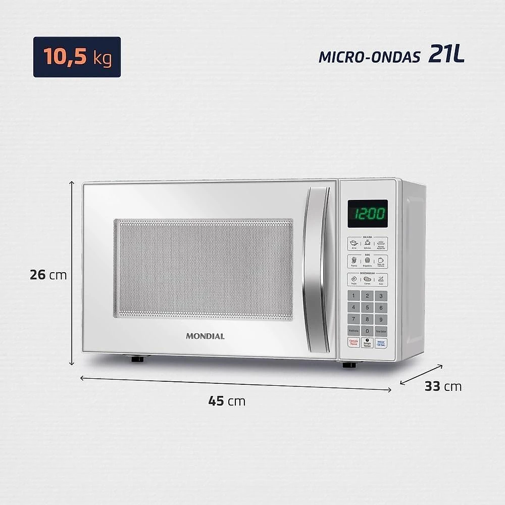 Micro-ondas Bancada Mondial MO-01-21-W 21L 1200W com Menu Dia a Dia e Menu Kids e Trava de Segurança 110V