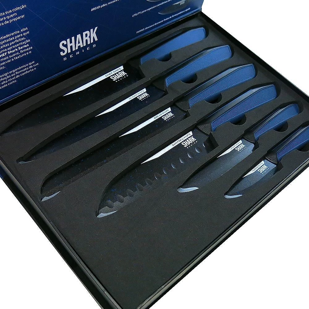 Conjunto de facas ichef polishop - shark series - special cut - blue duo azul e preto