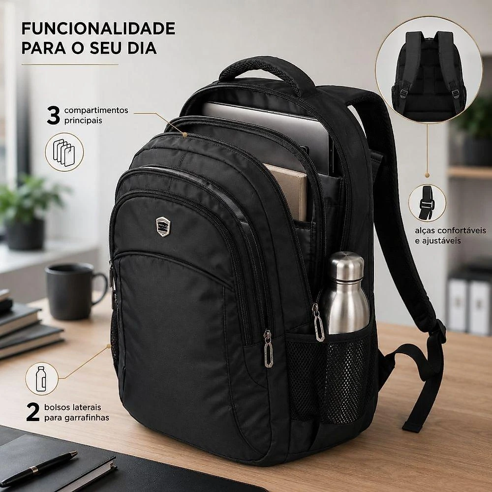 Mochila Notebook Até 17 Polegadas Mn54148pk com Compartimentos e Bolsos Laterais Preto Polo King