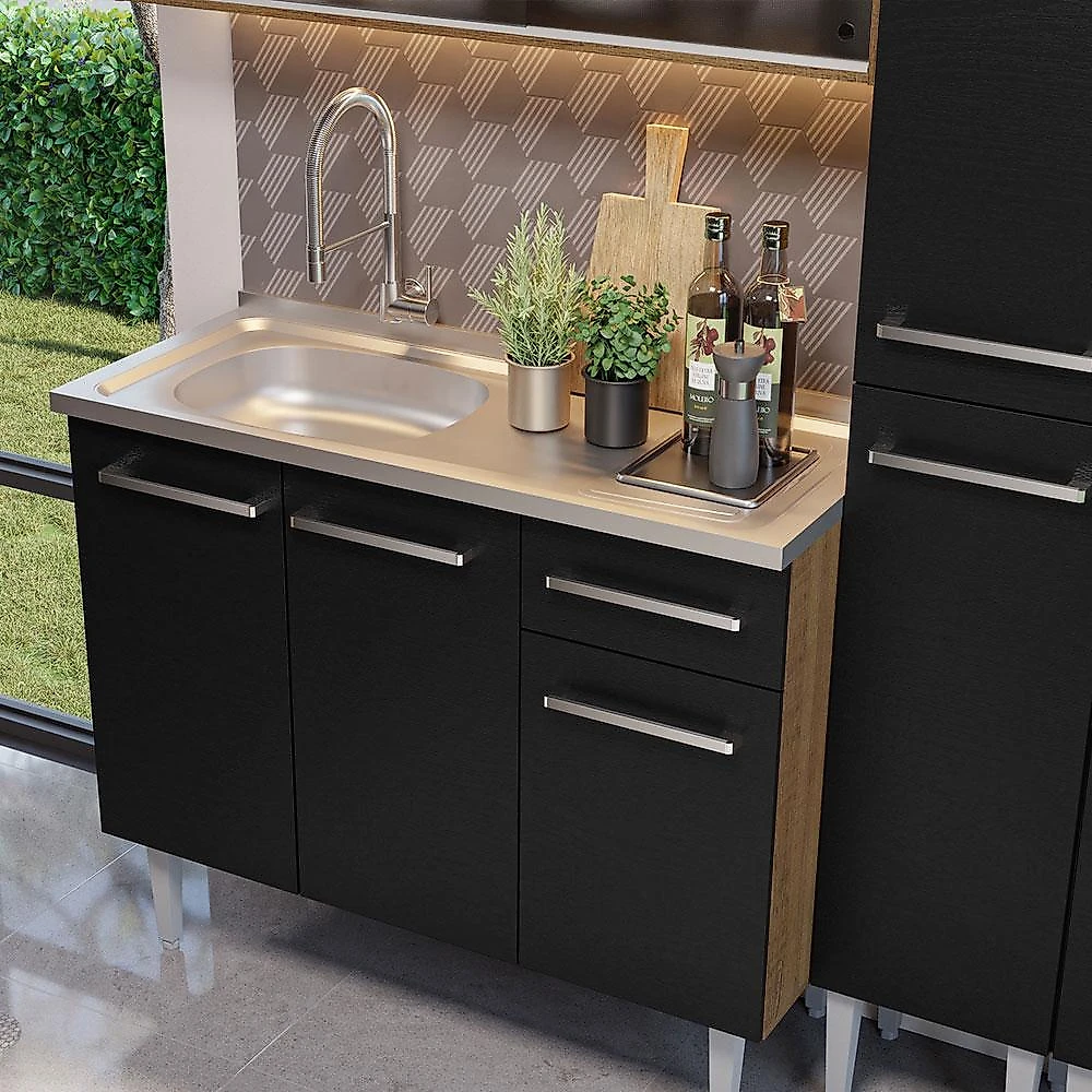 Armário de Cozinha Compacta 169cm com Pia Rustic/Preto Emilly Madesa 11 Rustic/Preto