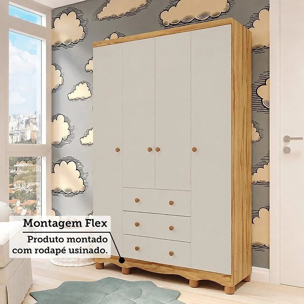 Quarto de Bebê Completo Berço 3 em 1, Cômoda e Guarda Roupa MDF Nina Espresso Móveis Branco/Amê Off White/Amêndoa