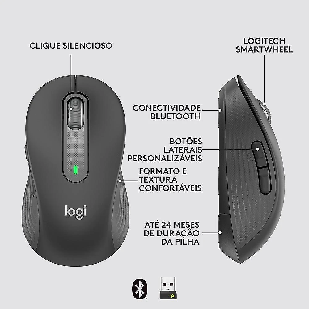 Mouse Sem Fio Logitech Signature M650, 2000 DPI, Compacto, 5 Botões, Silencioso, Bluetooth, USB, Grafite - 910-006250