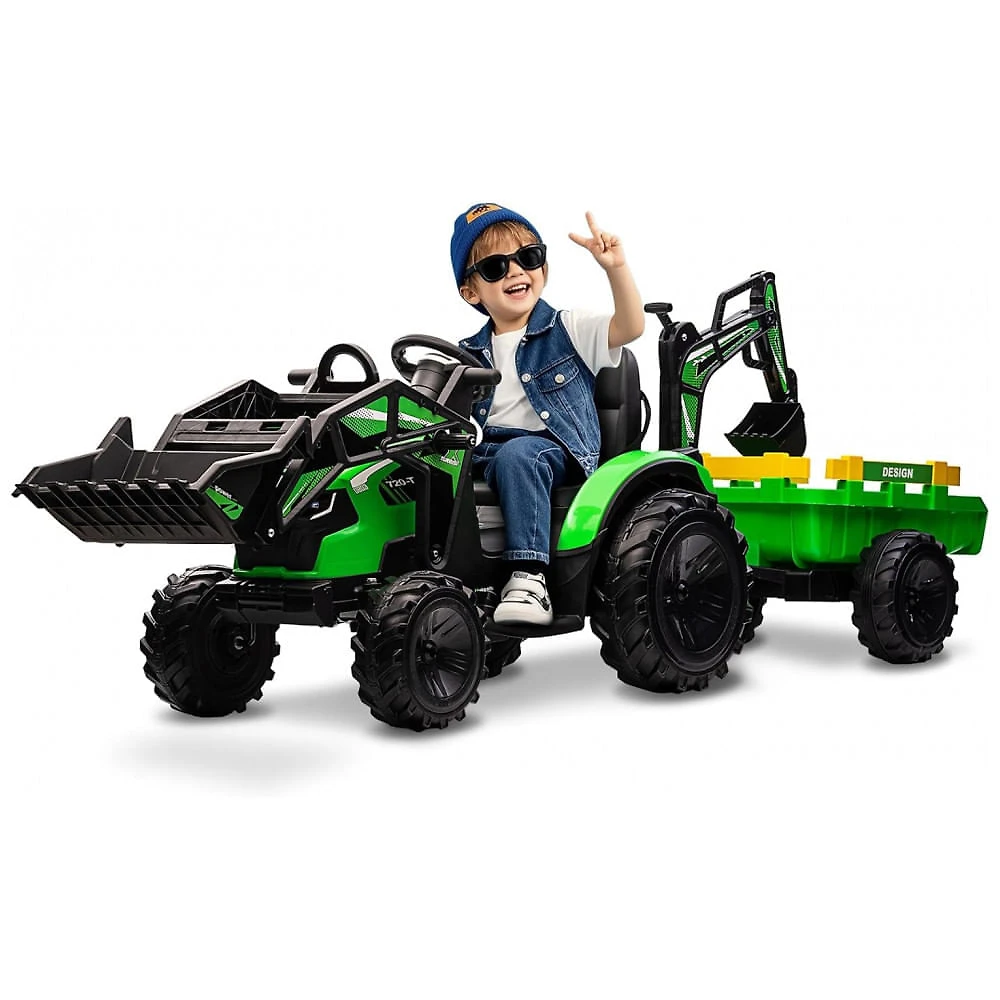 Trator Infantil Elétrico GarveeLife Verde 24V 3 em 1 Escavadeira Buldôzer Trailer Controle Remoto Luzes LED Bluetooth