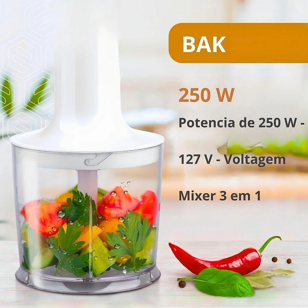 Mixer Portátil 3 em 1 com Batedor Potente, Triturador, 250W, Branco 110V