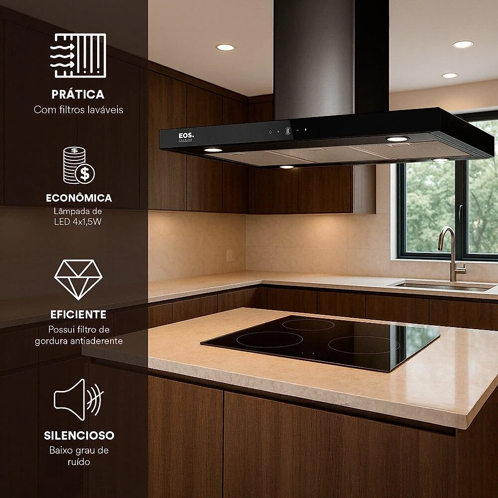 Coifa e Depurador de Ilha EOS 90cm Premium com Painel Digital Touch e Vazão de 1200m³/h Inox Preto ECO91ITDP 110V