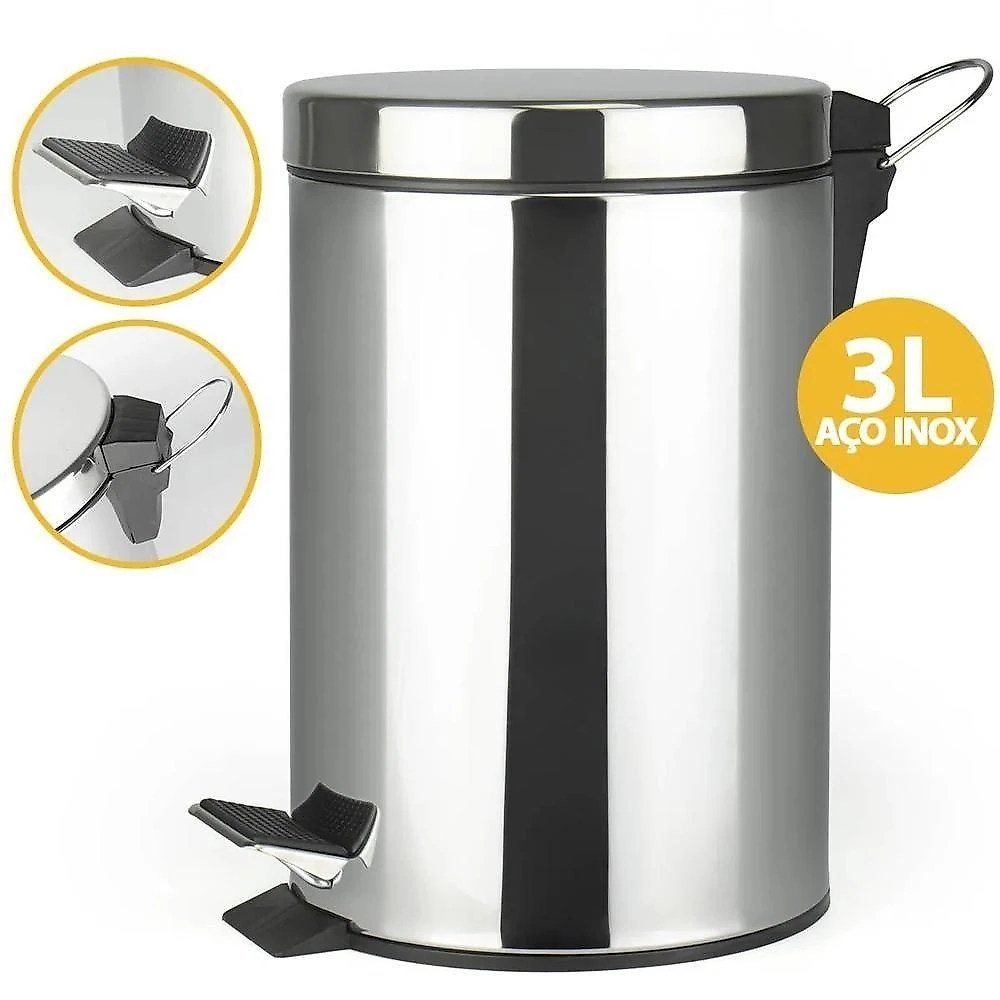 Lixeira Inox 3 Litros Pedal Cesto Lixo Removivel Prateado Banheiro Cozinha 3l Luxo Vintage