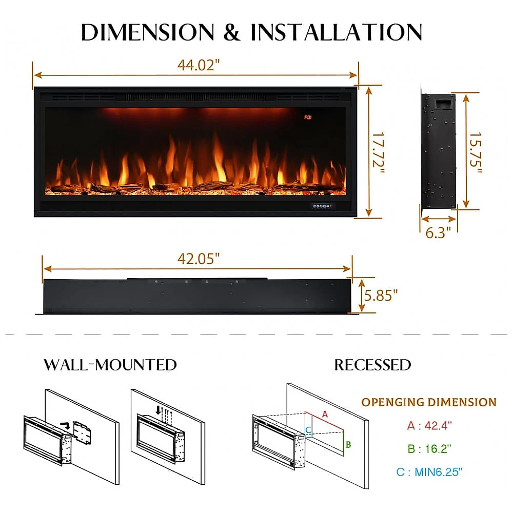 Lareira Elétrica Dreamflame 112x45cm 1500W WiFi Alexa Chamas LED Embutir 110V