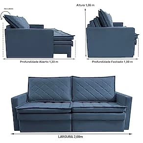 Sofá 3 Lugares Cama InBox Marselha II Retrátil/Reclinável com Baú Revestimento Suede Velusoft - 200cm de Largura Azul