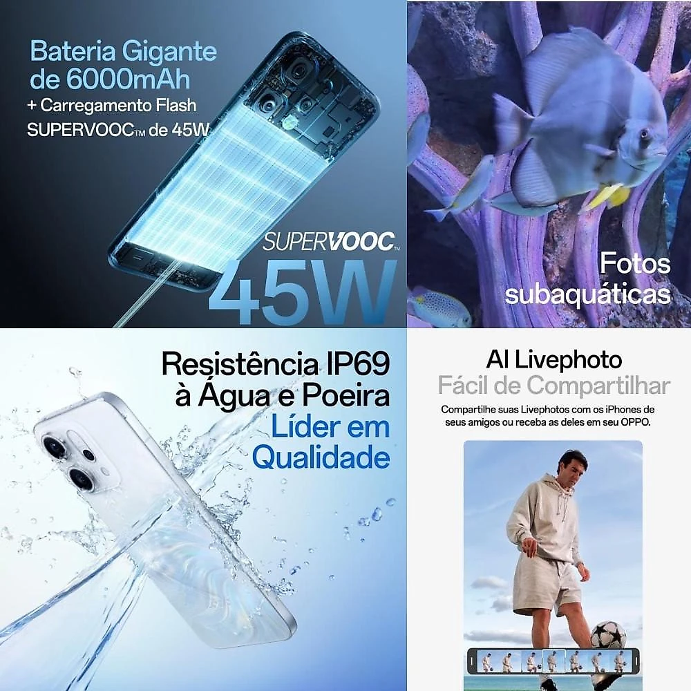 Smartphone oppo reno 14f 5g tela 6,57" 256gb câmera 50mp azul cintilante