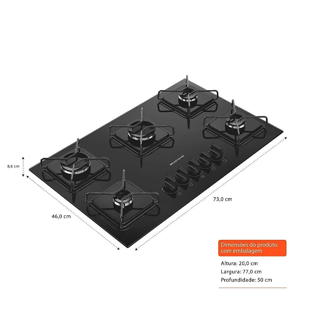 Cooktop 5 bocas brastemp bdd75be mesa de vidro grade de aço ferro aramado bivolt preto