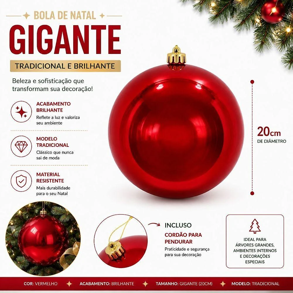 Bola Decorativa Gigante de Natal Vermelha em Plástico PP 20CM Kit 2 Unidades com Cordão Master webcontinental-7793385641854