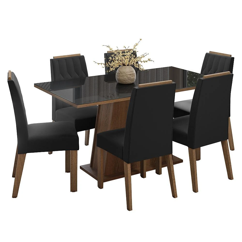 Conjunto sala de jantar tampo de vidro 6 cadeiras rustic/preto/oxford peônia madesa