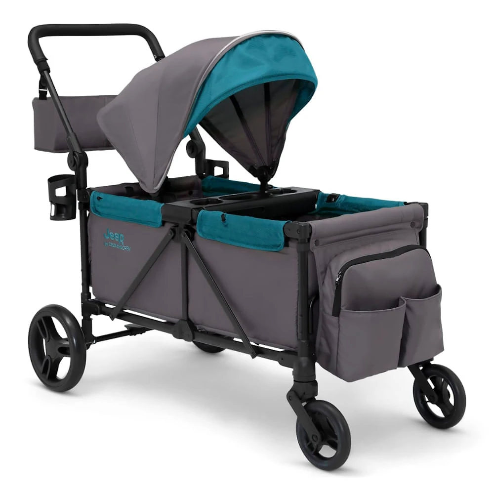Carrinho de Passeio Vagão Duplo Multifuncional com Capota e Armazenamento, Jeep, Cinza e Azul