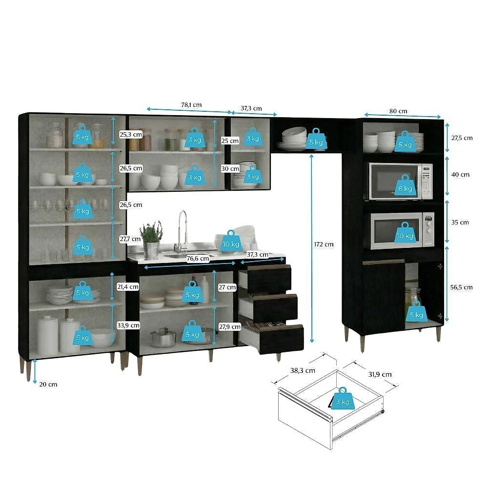 Cozinha Completa Milão 5 Peças MDF MDP 320CM Preto com Paneleiro e Torre Quente Menu Móveis
