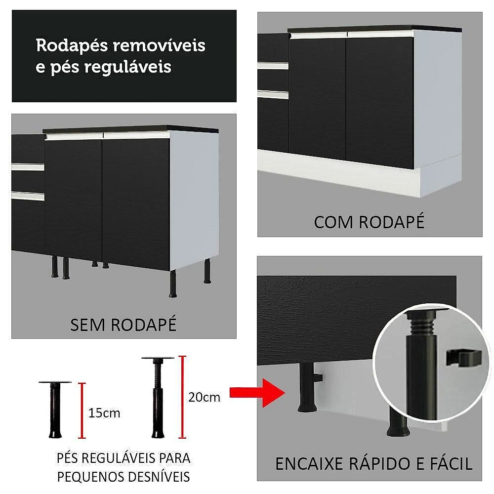 Armário de cozinha completa 100% mdf 310cm branco/preto acordes madesa 01