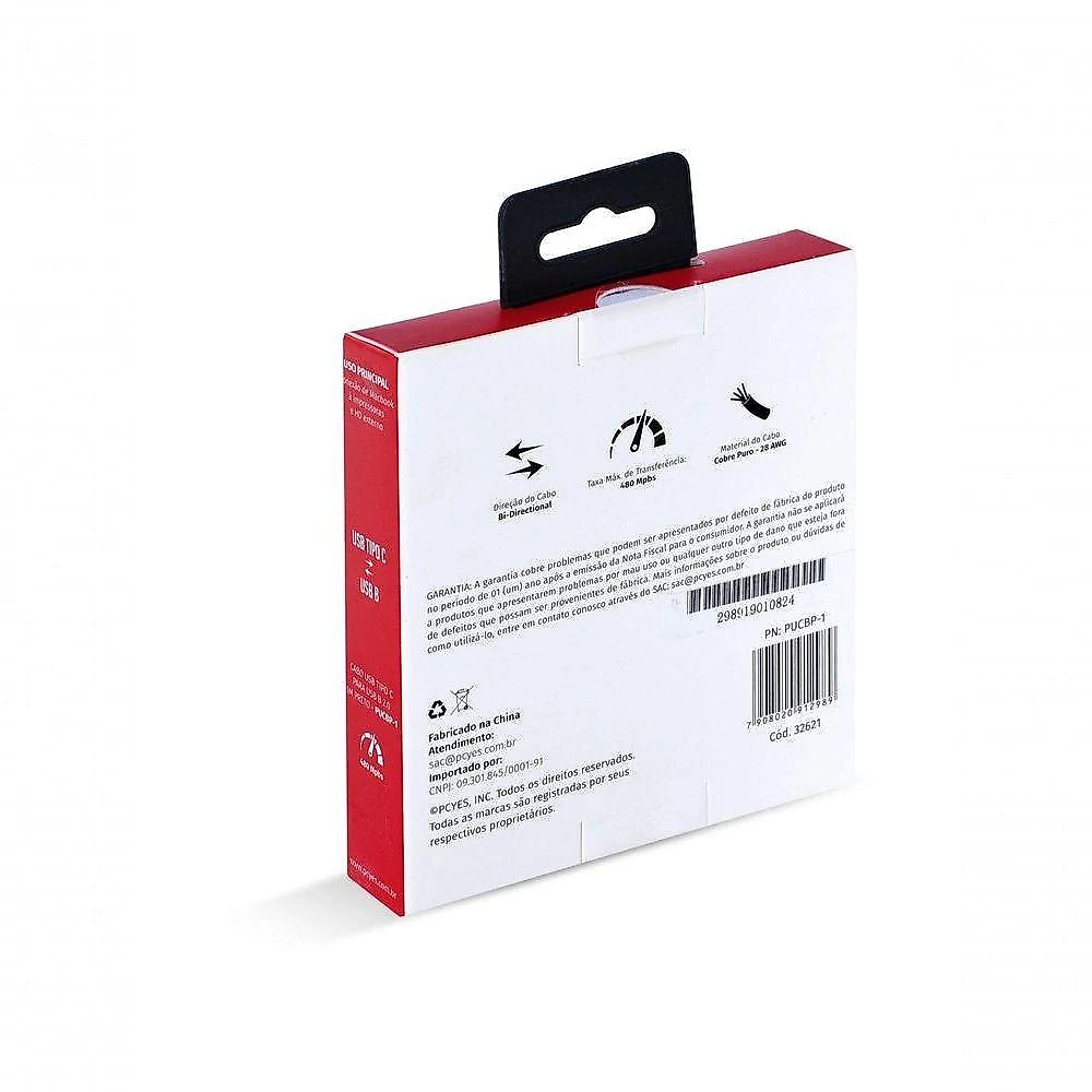 Cabo Para Impressora Usb Tipo C Para Usb B 2.0 1 Metro Preto - Pucbp-1