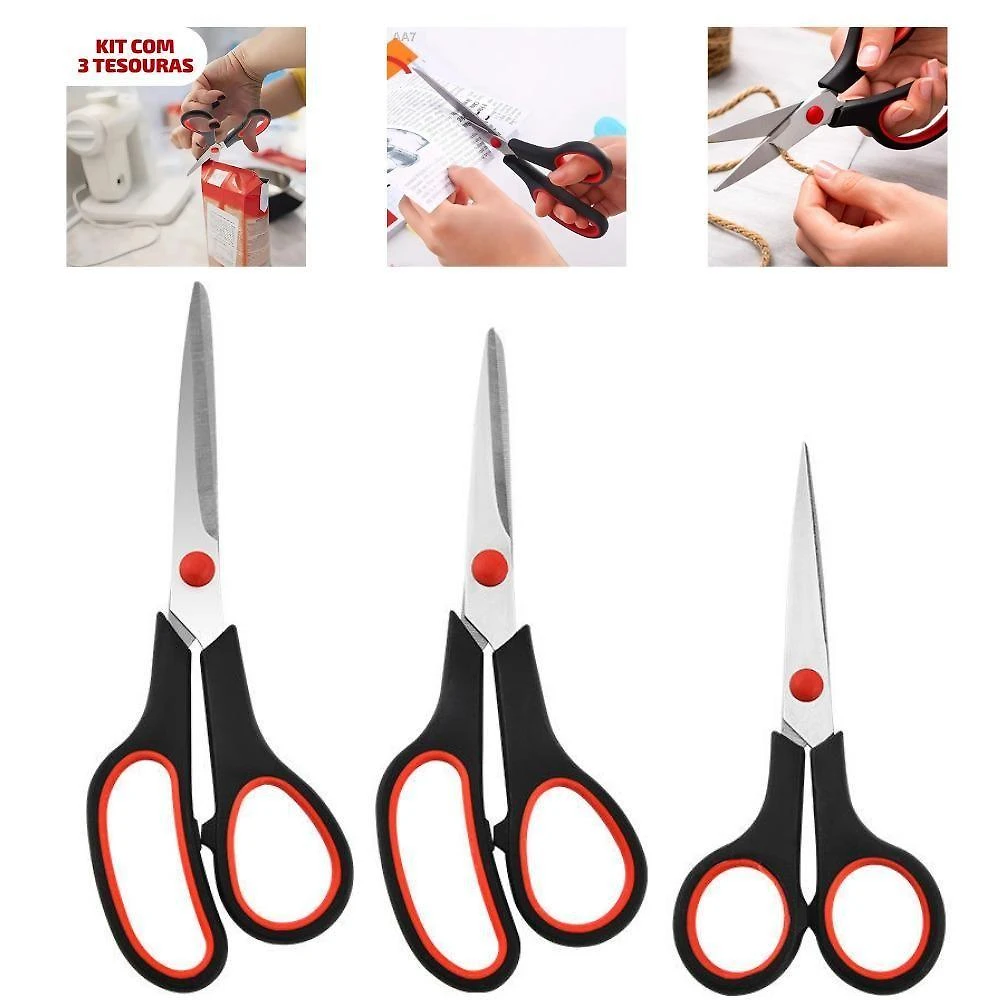 Kit de Tesouras Multiuso Utibom Aço Inoxidável Cabo Ergonômico 3 Unidades Pequena Média e Grande