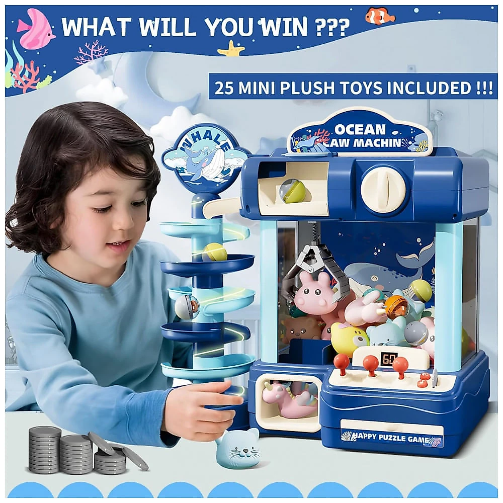 Máquina de Garra ROHSCE Azul para Crianças, Brinquedo Arcade Eletrônico com Luz e Som, Mini Vending Machine para Festa e Presente de Aniversário