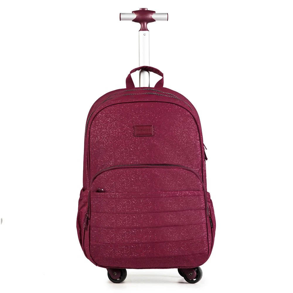 Mochila Escolar Juvenil com 4 Rodinhas Crinkle Glitter Vinho