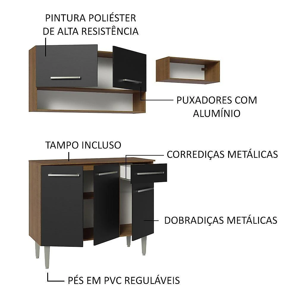 Armário De Cozinha Compacta 165cm Rustic-preto Emilly Madesa 07 Rustic-preto
